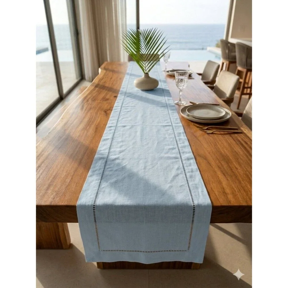Classic Solid Light Blue Linen Blend Table Runner with Hemstitch Detailing